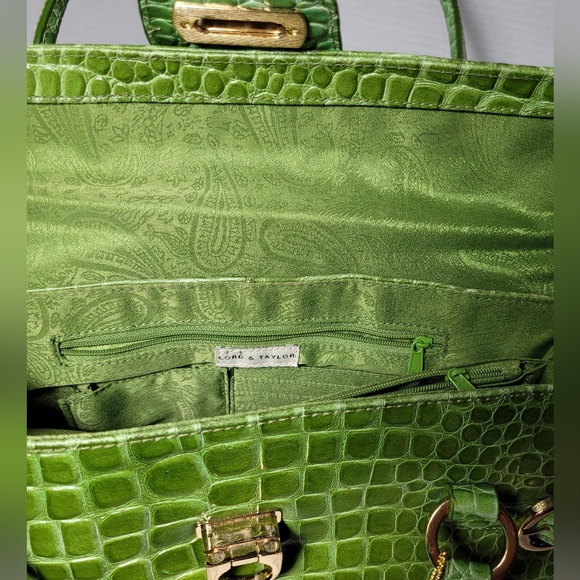 Genuine Leather Green Croc Embossed Handbag Shoulder Bag Satchel Vintage - Picture 4 of 16